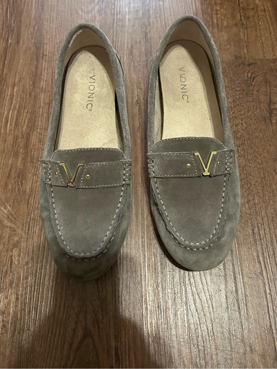 Vionic Shoes - Vionic Taupe Suede Loafers with Gold V Accent